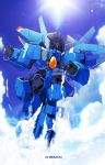  blue_sky cloud commentary decepticon english_commentary flying grin lens_flare mecha red_eyes redesign robot roundel science_fiction signature sky smile sun thundercracker transformers 