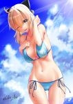  ;d absurdres ahoge alternate_breast_size arms_behind_head bangs bare_shoulders bikini black_bow blonde_hair blue_bikini blue_sky blush bow breasts celeryma cleavage cloud cloudy_sky collarbone commentary_request contemporary cowboy_shot day eyebrows_visible_through_hair fate/grand_order fate_(series) groin hair_between_eyes halterneck highres large_breasts looking_at_viewer navel okita_souji_(fate) okita_souji_(fate)_(all) one_eye_closed open_mouth scarf side-tie_bikini sideboob signature sky smile solo stomach swimsuit thigh_gap thighs twitter_username underboob yellow_eyes 