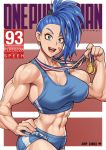 abs bandaid bandaid_on_face biceps blue_eyes blue_hair breasts captain_mizuki cleavage collaboration commentary copyright_name earrings elee0228 english_commentary gym_shorts hair_ornament hair_over_one_eye hair_scrunchie hand_on_hip high_ponytail highres jewelry large_breasts looking_at_viewer medal midriff muscle muscular_female navel one-punch_man open_mouth ponytail scrunchie shorts sideboob smile solo speh sports_bra 