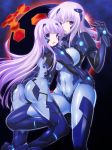  :o armor ass asymmetrical_docking black_background blue_eyes blue_legwear bodysuit breast_press breasts commentary_request covered_navel cryska_barchenowa gauntlets groin headset hug inia_sestina large_breasts long_hair multiple_girls muvluv muvluv_alternative muvluv_total_eclipse official_art oukasirayami skin_tight standing very_long_hair white_hair 