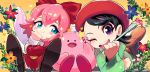  ;d adeleine beret blue_eyes bow commentary fairy fairy_wings gashi-gashi hair_ribbon hat highres kirby kirby:_star_allies kirby_(series) kirby_64 lying meme multiple_girls on_stomach one_eye_closed open_mouth paintbrush pink_hair purple_eyes red_bow ribbon ribbon_(kirby) sitting smile smock socks solid_circle_eyes star_rod wings 