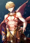  absurdres armor blonde_hair chest collarbone ea_(fate/stay_night) earrings eyebrows_visible_through_hair fate/stay_night fate_(series) gilgamesh hair_between_eyes highres jewelry looking_at_viewer male_focus parted_lips red_eyes shirtless smile solo standing tarao_(13raven) 