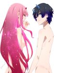  1girl ass bangs black_hair blue_eyes blue_horns breasts closed_eyes commentary couple darling_in_the_franxx english_commentary eyebrows_visible_through_hair hetero highres hiro_(darling_in_the_franxx) horns long_hair medium_breasts nude oni_horns pink_hair red_horns signature spoilers very_long_hair xdarknex zero_two_(darling_in_the_franxx) 