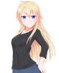  black_shirt blonde_hair blue_eyes breasts collarbone eyebrows_visible_through_hair floating_hair hair_between_eyes highres long_hair looking_at_viewer medium_breasts new_game! shiny shiny_hair shirt simple_background solo upper_body very_long_hair white_background yagami_kou yj_(yujay2837) 