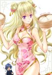  1girl bamboo_steamer bangs baozi blonde_hair blue_hair braid breasts china_dress chinese_clothes cleavage cleavage_cutout code_geass code_geass:_boukoku_no_akito covered_navel double_bun dress floating_hair floral_print food hair_between_eyes holding hyuuga_akito komaichi large_breasts leila_(code_geass) long_hair pink_dress ponytail purple_eyes single_braid sleeveless sleeveless_dress smile solo_focus very_long_hair white_background 