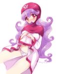  blush breasts commentary_request curly_hair dragon_quest dragon_quest_ii dress dress_lift hat hood hood_up kichijou_agata long_hair looking_at_viewer medium_breasts panties princess princess_of_moonbrook purple_hair robe solo underwear white_dress white_robe 