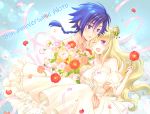  1girl ;d backlighting blue_eyes blue_hair blue_sky bouquet breasts carrying character_name cleavage code_geass code_geass:_boukoku_no_akito collar collarbone couple day dress eyebrows_visible_through_hair floating_hair flower french hair_between_eyes hair_bun hair_ornament happy_birthday holding holding_bouquet holding_flower hyuuga_akito komaichi large_breasts leila_(code_geass) long_hair one_eye_closed open_mouth outdoors petals ponytail princess_carry purple_eyes red_flower shiny shiny_hair sky sleeveless sleeveless_dress smile strapless strapless_dress very_long_hair wedding_dress white_dress white_flower 