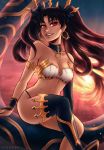  1girl armlet armor bikini_armor black_ribbon breasts brown_hair cleavage crown detached_collar earrings elbow_gloves fate/grand_order fate_(series) gloves hair_ribbon hoop_earrings iahfy image_sample ishtar_(fate/grand_order) jewelry long_hair medium_breasts red_eyes ribbon single_detached_sleeve single_elbow_glove single_thighhigh sitting smile solo sunset thighhighs tumblr_sample two_side_up 