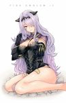  akina_(akn_646) armor between_breasts black_armor breasts camilla_(fire_emblem_if) commentary_request copyright_name fire_emblem fire_emblem_if gloves hair_over_one_eye horn_ornament long_hair purple_hair simple_background sitting smile solo tiara vambraces wavy_hair white_background 