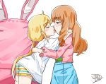  2girls blonde_hair blush brown_hair eyebrows_visible_through_hair eyes_closed female french_kiss futaba_anzu hand_on_another&#039;s_back highres idolmaster idolmaster_cinderella_girls jindai3663 kiss long_hair moroboshi_kirari multiple_girls ponytail shorts simple_background striped tongue white_background yuri 