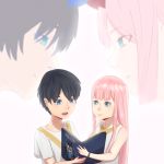  1girl anichka bangs bare_shoulders black_hair blue_eyes blue_horns blush book collarbone commentary couple darling_in_the_franxx dual_persona english_commentary eyebrows_visible_through_hair face-to-face facing_another green_eyes hetero highres hiro_(darling_in_the_franxx) holding holding_book horns long_hair looking_at_another oni_horns open_mouth pink_hair red_horns shirt short_sleeves sleeveless sleeveless_shirt spoilers white_shirt younger zero_two_(darling_in_the_franxx) 