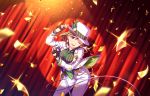  artist_request brown_hair confetti earrings fingerless_gloves gloves green_eyes hat idolmaster idolmaster_cinderella_girls idolmaster_cinderella_girls_starlight_stage jacket jewelry microphone microphone_stand nail_polish necktie official_art one_eye_closed pants ring smile solo vintage_microphone white_hat white_jacket white_pants yanagi_kiyora 