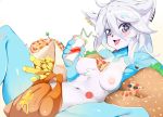  2016 anthro blue_fur blush breasts burger canine chest_tuft convenient_censorship cup ear_piercing female food fox freckles fried_chicken fries fur hair holding_cup holding_object mammal meat navel nipples nude open_mouth piercing pingqiong_xiansheng pizza solo tongue tongue_out tuft white_fur white_hair 