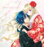  1girl 2017 :d black_kimono blonde_hair blue_eyes blue_hair braid cherry_blossoms code_geass code_geass:_boukoku_no_akito couple day eyebrows_visible_through_hair floating_hair flower french furisode hair_between_eyes hair_flower hair_ornament hands_on_another's_shoulders happy_new_year holding_person hyuuga_akito japanese_clothes kimono komaichi leila_(code_geass) long_hair looking_at_viewer new_year open_mouth outdoors ponytail purple_eyes red_flower red_kimono red_rose rose single_braid smile very_long_hair 