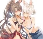  akagi_(azur_lane) alternate_costume animal_ear_fluff animal_ears azur_lane bangs bare_shoulders bikini blue_bikini blue_eyes blue_sarong blush breasts brown_hair cleavage collarbone eyebrows_visible_through_hair food fox_ears hand_up holding holding_food kaga_(azur_lane) large_breasts leaning_forward long_hair looking_at_viewer mi_398 multiple_girls multiple_tails one_eye_closed open_mouth ponytail popsicle red_bikini red_eyes red_sarong sarong scrunchie short_hair sidelocks smile swimsuit tail tongue tongue_out twitter_username white_hair wrist_scrunchie 