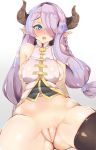  2016 animal_humanoid areola areola_slip blue_eyes blush bottomless breasts clothed clothing female granblue_fantasy hair hair_over_eye horn humanoid legwear long_hair narmaya open_mouth pingqiong_xiansheng pink_hair pointy_ears pussy sheep_humanoid shirt simple_background solo stockings thigh_highs white_background 