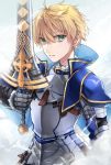  armor arthur_pendragon_(fate) blonde_hair blue_cape breastplate cape excalibur_(fate/prototype) eyebrows_visible_through_hair fate/prototype fate_(series) gauntlets green_eyes hair_between_eyes holding holding_sword holding_weapon looking_to_the_side male_focus parted_lips shiao solo sword upper_body weapon 
