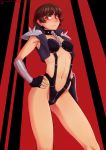  absurdres arm_at_side artist_name black_gloves blush bondage_outfit bracer brown_hair chain collar commentary crotch_zipper english_commentary fingerless_gloves frown gloves highres ittla looking_at_viewer navel niijima_makoto patreon_username persona persona_5 persona_5:_dancing_star_night persona_dancing red_eyes short_hair solo studded_collar twitter_username watermark web_address zipper 