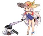  &gt;_&lt; ankle_ribbon azur_lane baseball_bat breasts chibi commentary flower graf_zeppelin_(azur_lane) grey_hair hat hat_flower iron_cross jacket long_hair mephist-pheles mole mole_under_eye multiple_girls off_shoulder one-piece_swimsuit pantyhose peaked_cap ribbon simple_background small_breasts smile straw_hat swimsuit translation_request very_long_hair white_background yellow_eyes z46_(azur_lane) 