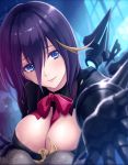  armor artemis_(phantom_of_the_kill) artist_request black_armor black_hair black_killers_(phantom_of_the_kill) blue_eyes blush breasts cleavage gauntlets hair_between_eyes large_breasts looking_at_viewer multicolored_hair neck_ribbon official_art phantom_of_the_kill ribbon short_hair solo two-tone_hair window 