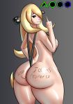  ass azerohero blonde_hair body_writing breasts english huge_ass large_breasts middle_finger pokemon shirona_(pokemon) sling_bikini smile 