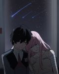  1boy 1girl bandage bandaged_arm bandaid bandaid_on_face bangs black_hair blue_horns commentary couple darling_in_the_franxx english_commentary eyes_closed hetero hiro_(darling_in_the_franxx) horns long_hair military military_uniform necktie night night_sky nightgown oni_horns pink_hair red_horns red_neckwear short_hair signature sky star star_(sky) starry_sky uniform xwaterice zero_two_(darling_in_the_franxx) 