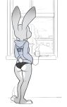  anthro beverage butt carrot cellphone city clothing coffee cup disney earbuds female food fur grey_fur haich headphones hoodie inside jacket judy_hopps lagomorph mammal panties partially_colored phone rabbit rear_view simple_background skyline solo standing tapping underwear vegetable white_background window zootopia 