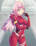  :d bangs black_gloves bodysuit breasts breasts_apart covered_navel cowboy_shot darling_in_the_franxx eyebrows_visible_through_hair floating_hair gloves green_eyes hairband highres horns kaptivate long_hair medium_breasts open_mouth pilot_suit pink_hair red_bodysuit shiny shiny_clothes shiny_hair smile solo standing white_hairband zero_two_(darling_in_the_franxx) 