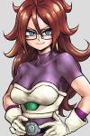  1girl android_21 armor belt blue_eyes breasts cheelai cheelai_(cosplay) cosplay dragon_ball dragon_ball_fighterz dragon_ball_super_broly earrings eyelashes frown glasses gloves grey_background hands_on_hips jewelry long_hair looking_at_viewer purple_shirt red_hair shirt simple_background smile solo spiked_hair st62svnexilf2p9 upper_body white_gloves 