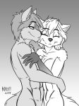 2018 abs anthro breasts canine chest_tuft clovis_(twokinds) convenient_censorship duo embrace eyes_closed face_lick female fox gloves_(marking) gradient_background half-closed_eyes heresy_(artist) hi_res hug hybrid keidran licking male male/female mammal markings monochrome nude romantic_couple simple_background smile tongue tongue_out tuft twokinds webcomic wolf zen_(twokinds) 