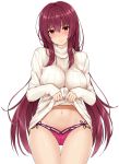  bangs blush breasts closed_mouth clothes_lift commentary_request eyebrows_visible_through_hair fate/grand_order fate_(series) hair_between_eyes hair_intakes highres hips large_breasts long_hair long_sleeves looking_at_viewer mitsukazu_(nijigen_complex) navel pink_bikini_bottom purple_hair red_eyes ribbed_sweater scathach_(fate)_(all) scathach_(swimsuit_assassin)_(fate) simple_background solo sweatdrop sweater sweater_lift thighs turtleneck turtleneck_sweater white_background white_sweater 