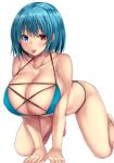  :p all_fours alternate_breast_size bare_arms bare_legs bare_shoulders barefoot bikini blue_bikini blue_eyes blue_hair blush breasts commentary covered_nipples cross-laced_clothes ebi_193 eyebrows_visible_through_hair halterneck heterochromia huge_breasts looking_at_viewer red_eyes short_hair simple_background skindentation smile solo swimsuit tatara_kogasa thighs tongue tongue_out touhou v_arms white_background 