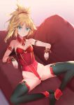  1girl alternate_costume ankle_cuffs aqua_eyes arm_strap ass bangs bare_shoulders black_legwear blonde_hair braid couch detached_collar fate/grand_order fate_(series) french_braid hair_ornament hair_scrunchie highleg highleg_leotard leotard long_hair looking_at_viewer lying mordred_(fate) mordred_(fate)_(all) on_back parted_bangs ponytail red_leotard red_scrunchie rubellent scrunchie solo spread_legs strapless strapless_leotard thighhighs thong_leotard wrist_cuffs 