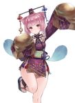  arm_up atelier_(series) atelier_sophie bare_legs black_bow bow brown_eyes cornelia_(atelier) cowboy_shot dalachi_(headdress) double_bun dress expressionless feathers fuwawa_(fuwawa617) hair_ornament highres looking_at_viewer miniskirt pink_hair purple_dress sandals short_hair simple_background skirt sleeves_past_fingers sleeves_past_wrists solo standing standing_on_one_leg thighs white_background 