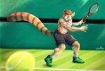  2018 abs anthro biceps clothed clothing digital_media_(artwork) footwear fur hair hi_res male mammal muscular muscular_male outside pecs shorts tennis tennis_racket topless waddledox 