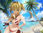  :p ahoge beach bikini blonde_hair blue_sky blurry breasts cleavage cowboy_shot criss-cross_halter day depth_of_field fate/grand_order fate_(series) green_eyes hair_intakes halterneck hand_on_hip ice_cream_cone kakao_rantan large_breasts long_hair navel nero_claudius_(fate)_(all) nero_claudius_(swimsuit_caster)_(fate) outdoors palm_tree side-tie_bikini sidelocks sky solo striped striped_bikini sweat swimsuit tongue tongue_out tree twintails 