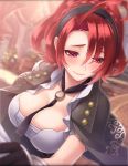  artist_request balmung_(phantom_of_the_kill) between_breasts black_capelet black_gloves blush breasts capelet gloves hairband large_breasts necktie necktie_between_breasts official_art phantom_of_the_kill red_eyes red_hair smile 