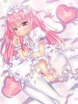  bangs blush bow commentary dress eyebrows_visible_through_hair feet_out_of_frame frilled_shirt_collar frills hair_between_eyes heart heart_pillow highres kohaku_muro lolita_fashion long_hair looking_at_viewer neck_ribbon no_shoes original parted_lips pillow pink_bow pink_eyes pink_hair pink_ribbon puffy_short_sleeves puffy_sleeves ribbon short_sleeves solo stuffed_animal stuffed_bunny stuffed_toy thighhighs very_long_hair white_dress white_legwear wrist_cuffs 