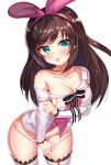  2drr :p a.i._channel bangs blush breasts brown_hair cleavage closed_mouth collarbone commentary eyebrows_visible_through_hair green_eyes groin hair_ribbon kizuna_ai large_breasts long_hair long_sleeves multicolored_hair no_pants off_shoulder panties panty_pull pink_hair pink_ribbon ribbon shirt simple_background smile solo streaked_hair thighhighs tongue tongue_out underwear virtual_youtuber white_background white_legwear white_panties white_shirt 