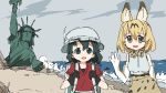  :d animal_ears backpack bag black_eyes hat_feather helmet highres kaban_(kemono_friends) kemono_friends looking_at_viewer multiple_girls open_mouth parody photo pith_helmet planet_of_the_apes red_shirt serval_(kemono_friends) serval_ears serval_print serval_tail shirt smile statue statue_of_liberty tail tsukumizu_yuu waving 