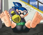  barefoot blue_eyes blue_hair clothing dialogue foot_focus footwear foxkai hair inkling looking_at_viewer male nintendo public shoes solo splatoon talking_to_viewer video_games 