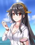  beach black_hair blue_sky blush breasts brown_eyes cleavage cloud cloudy_sky commentary_request day food hairband haruna_(kantai_collection) headgear highres holding ice_cream jacket kantai_collection karuna_(madlax) long_hair long_sleeves medium_breasts remodel_(kantai_collection) sky smile solo spoon track_jacket upper_body water white_jacket 