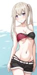  alternate_costume bandeau bare_arms bare_shoulders belt bikini black_shorts blonde_hair blue_eyes blush breasts buckle cleavage closed_mouth collarbone commentary_request graf_zeppelin_(kantai_collection) groin hair_between_eyes head_tilt highleg highleg_bikini highres kantai_collection large_breasts long_hair navel short_shorts shorts sidelocks solo stomach swimsuit takanashi_kei_(hitsujikan) thighs twintails underboob 
