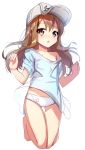  :o bangs bare_legs bare_shoulders barefoot blue_shirt blush brown_eyes brown_hair child collarbone commentary eyebrows_visible_through_hair flat_cap flat_chest grey_hat hair_between_eyes hands_up hat hataraku_saibou long_hair looking_at_viewer off_shoulder open_mouth panties platelet_(hataraku_saibou) revision shirt short_sleeves simple_background solo underwear very_long_hair white_background white_panties yan_(nicknikg) 