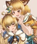  andira_(granblue_fantasy) animal_ears blonde_hair blush breath brown_background dog_ears erune eyebrows_visible_through_hair flower fur_trim gold_trim granblue_fantasy hair_flower hair_ornament heavy_breathing highres long_sleeves looking_at_another maou_(maoudaisukiya) multiple_girls red_eyes short_hair short_sleeves simple_background sparkling_eyes tiara vajra_(granblue_fantasy) 