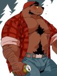  2018 anthro arm_hair belt beverage blush body_hair canine chest_hair clothed clothing digital_media_(artwork) facial_hair fur hat hi_res jeans kemono male mammal muscular muscular_male open_shirt pants pecs plaid syukapong were werewolf 