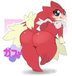  2018 anthro bandanna big_butt blush butt digital_media_(artwork) fart female fur green_eyes japanese_text looking_at_viewer looking_back nastysashy_(artist) nude open_mouth rear_view simple_background smile solo teeth text thick_thighs unknown_species 