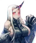  big_breasts blush bow_(bhp) breasts clothed clothing demon disembodied_hand duo female female_focus fully_clothed glowing glowing_eyes grey_clothing hair horn humanoid kantai_collection long_hair not_furry red_eyes seaport_princess side_boob simple_background solo_focus unknown_species white_background white_hair 