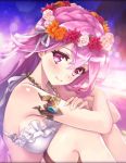  arms_on_knees artist_request bikini blush braid breasts hair_ornament head_wreath jewelry long_hair medium_breasts necklace official_art palm_tree phantom_of_the_kill pink_eyes pink_hair smile swimsuit thigh_strap tree tyrfing_(phantom_of_the_kill) very_long_hair white_bikini 