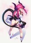  ass asymmetrical_horns blue_eyes curled_horns dragon_girl dragon_horns dragon_tail dress elizabeth_bathory_(fate) elizabeth_bathory_(fate)_(all) fate/extra fate/extra_ccc fate_(series) fingering from_behind highres horns long_hair looking_at_viewer looking_back masturbation mhk_(mechamania) one_eye_closed open_mouth panties panty_pull pink_hair plaid plaid_skirt pointy_ears pussy_juice skirt solo spanked standing tail two_side_up underwear 